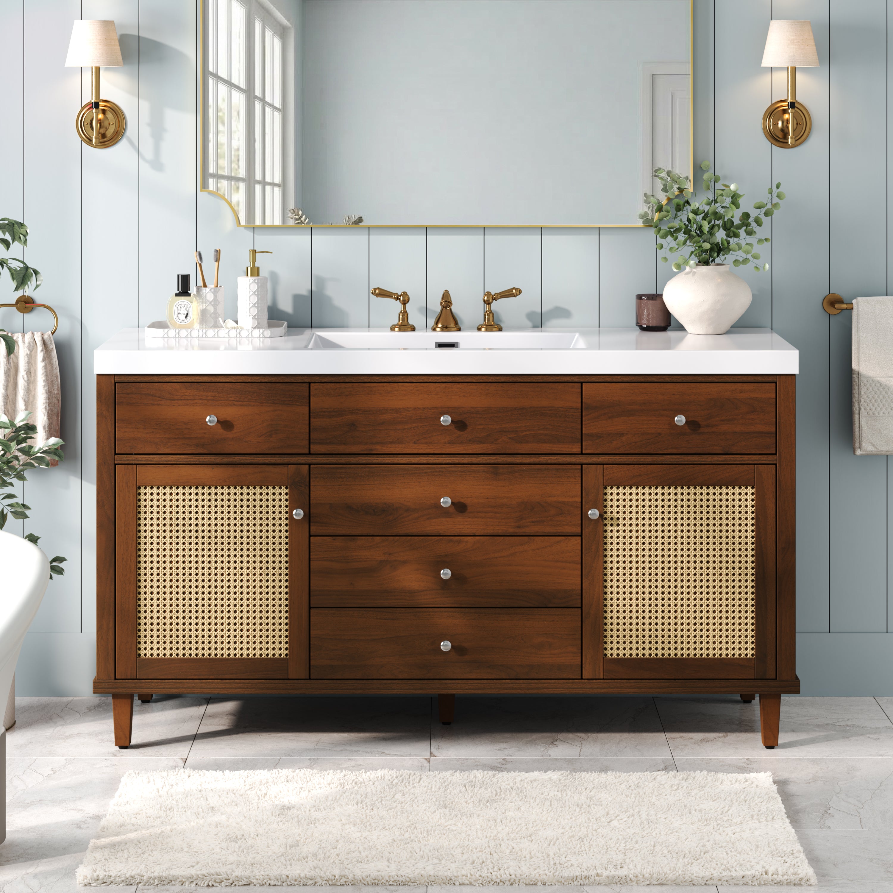 60" Modern Bathroom Vanity with SMC Sink, Soft-Close Drawers & Rattan Doors