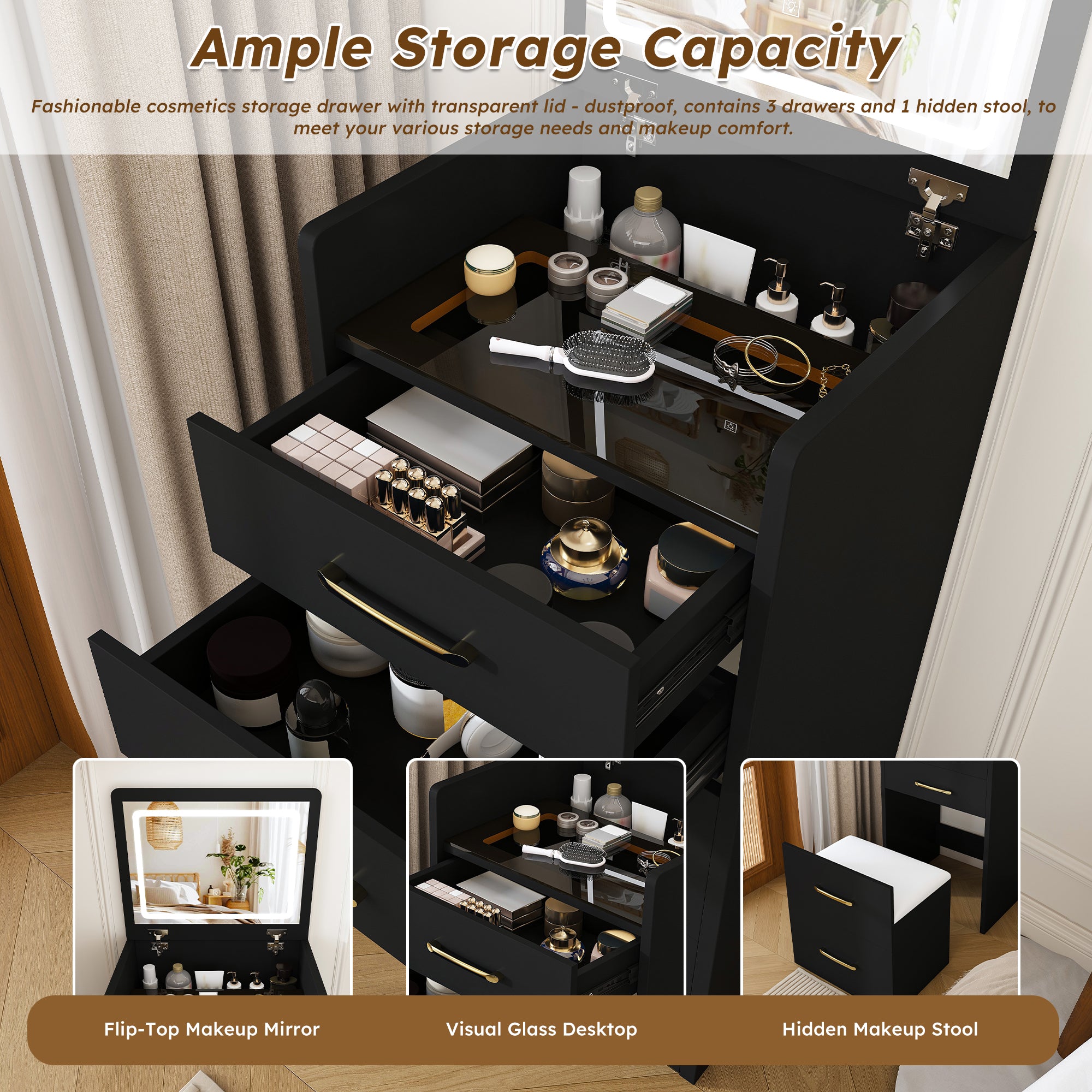 3-in-1 Black Makeup Vanity Desk with Flip-Up Mirror, Glass Top & 3 Drawers