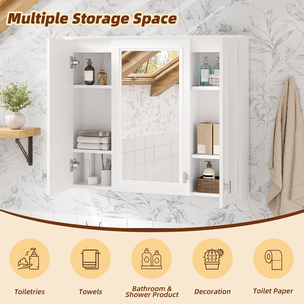 35-inch Wall-Mounted Bathroom Medicine Cabinet with Mirror and 5 Adjustable Shelves, White