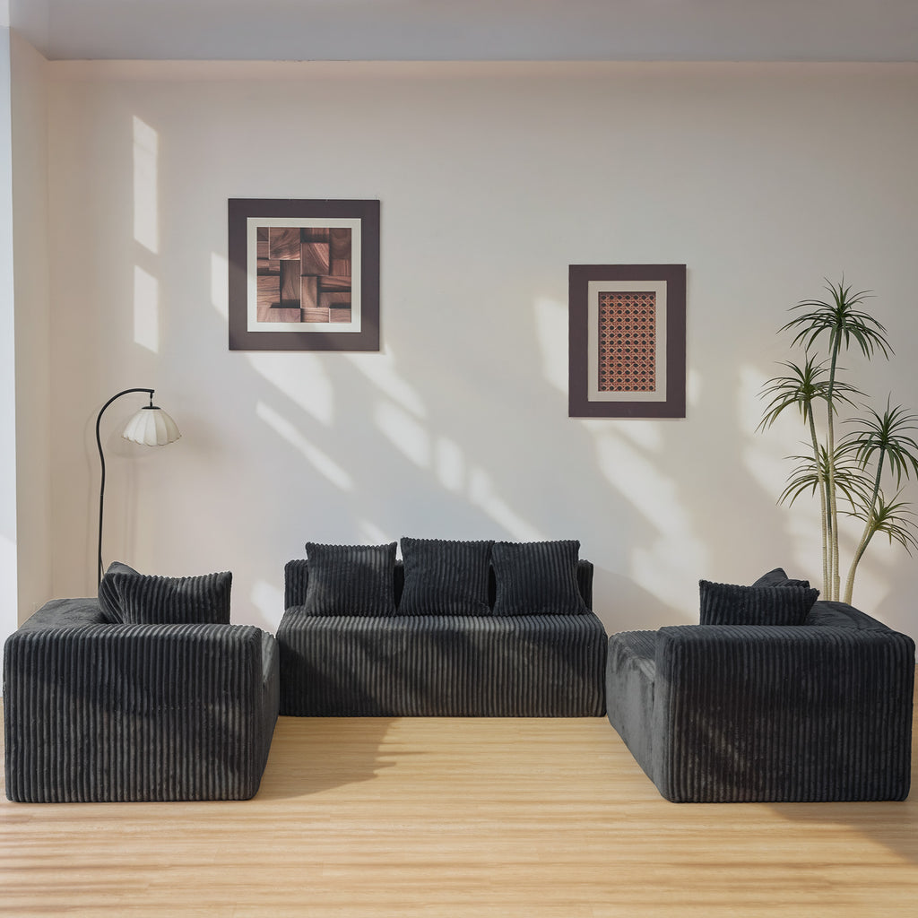 130" U-Shaped Corduroy Sectional Sofa with Chaise, 4-Seat Black Living Room Couch, No Assembly Required