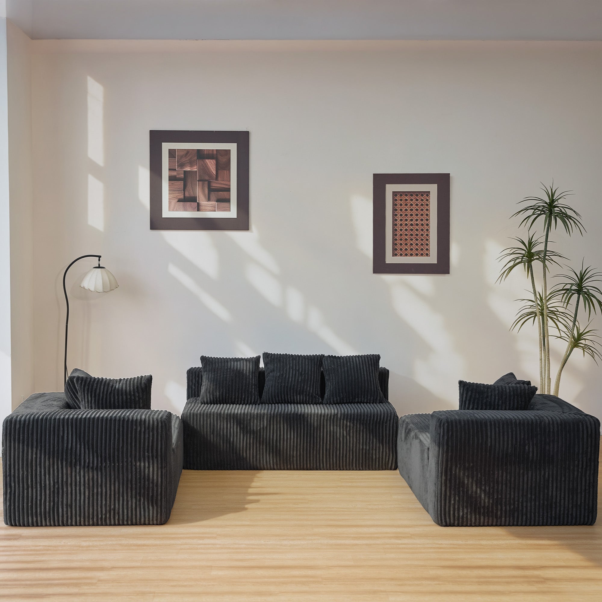 130" U-Shaped Corduroy Sectional Sofa with Chaise, 4-Seat Black Living Room Couch, No Assembly Required