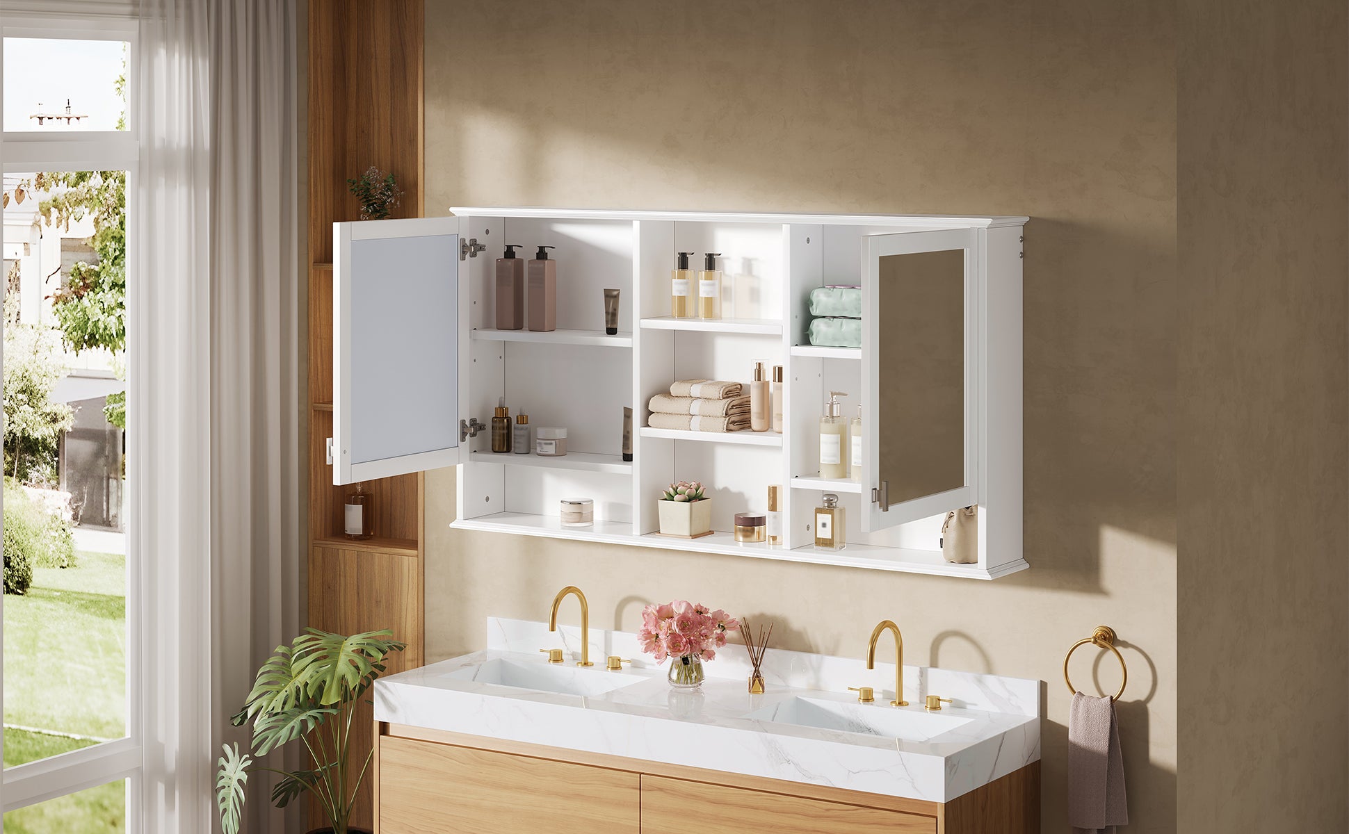 55-inch Wall-Mount Mirror Cabinet with Adjustable Shelves and Soft-Close Doors