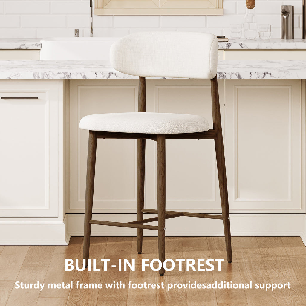 Counter Height Bar Stools Set of 2 – Modern Beige Upholstered Stools with Metal Legs for Kitchen Island