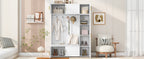 Top-down view of multi-tier open shelves with organized footwear and baskets