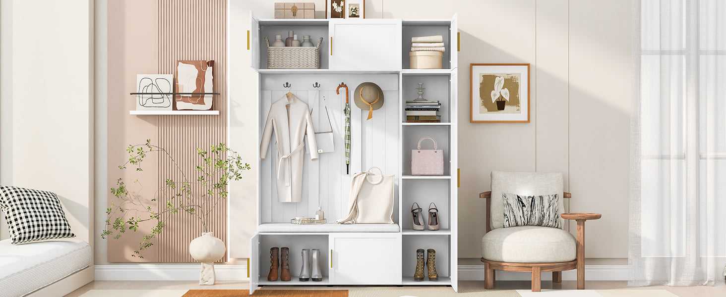 Top-down view of multi-tier open shelves with organized footwear and baskets