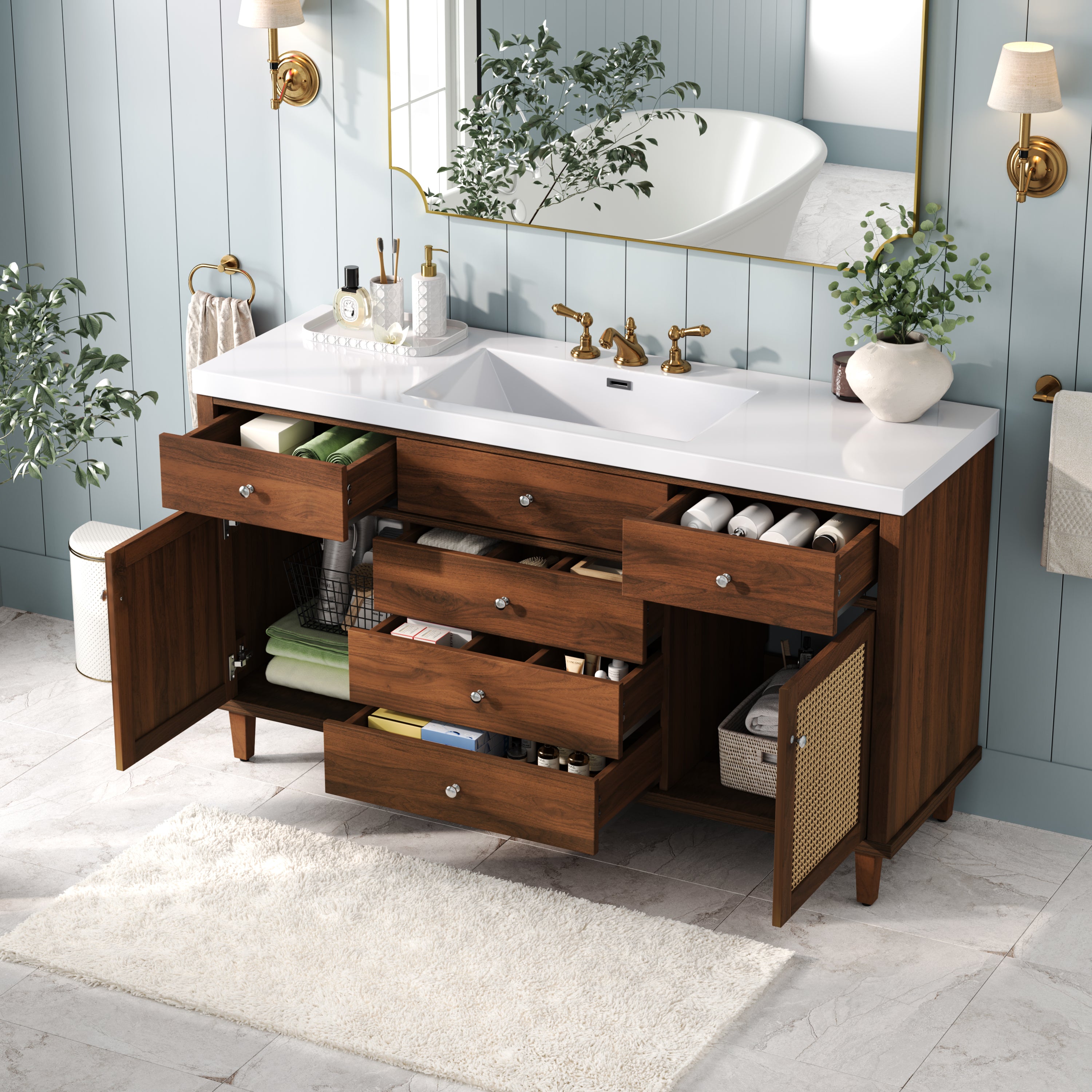 60" Modern Bathroom Vanity with SMC Sink, Soft-Close Drawers & Rattan Doors