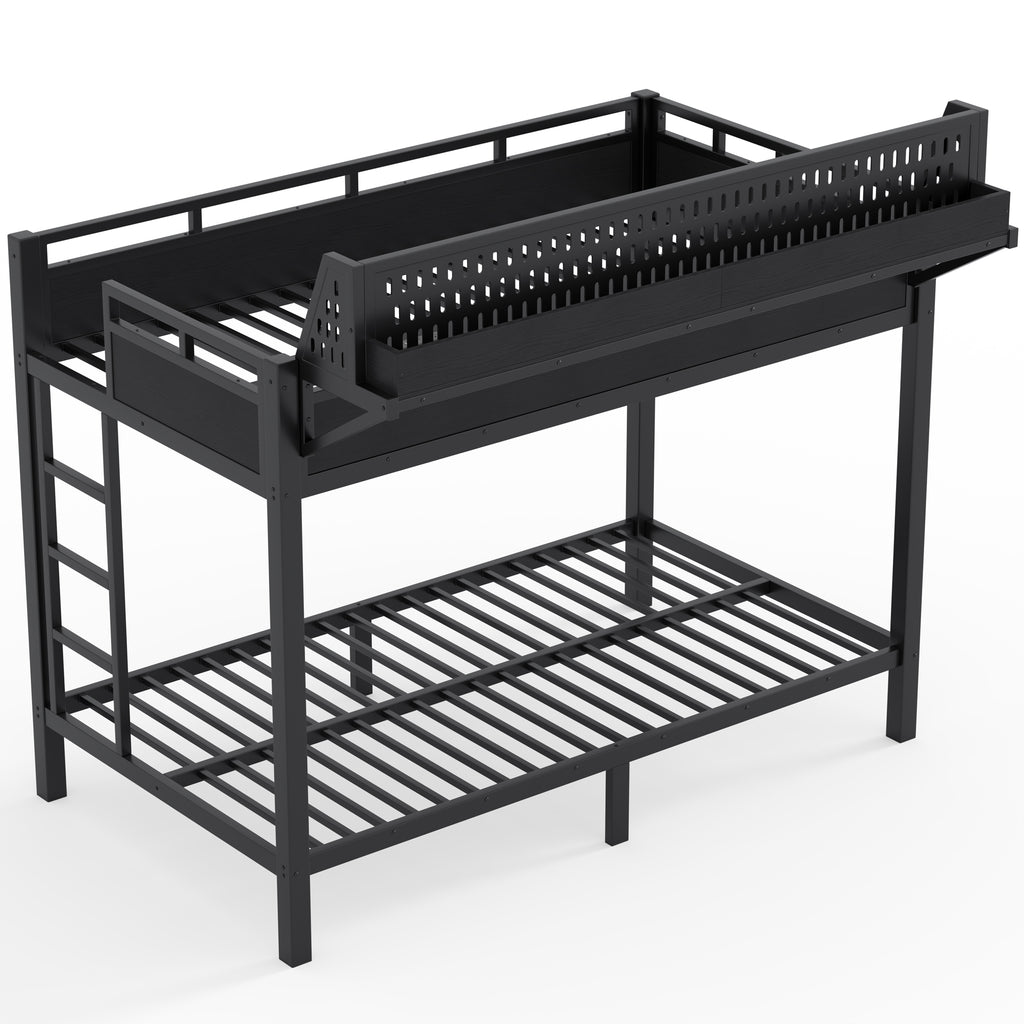 Twin XL Metal Bunk Bed with Storage Shelves, Pegboard, USB Ports & LED Lights – Black - product detail image 10