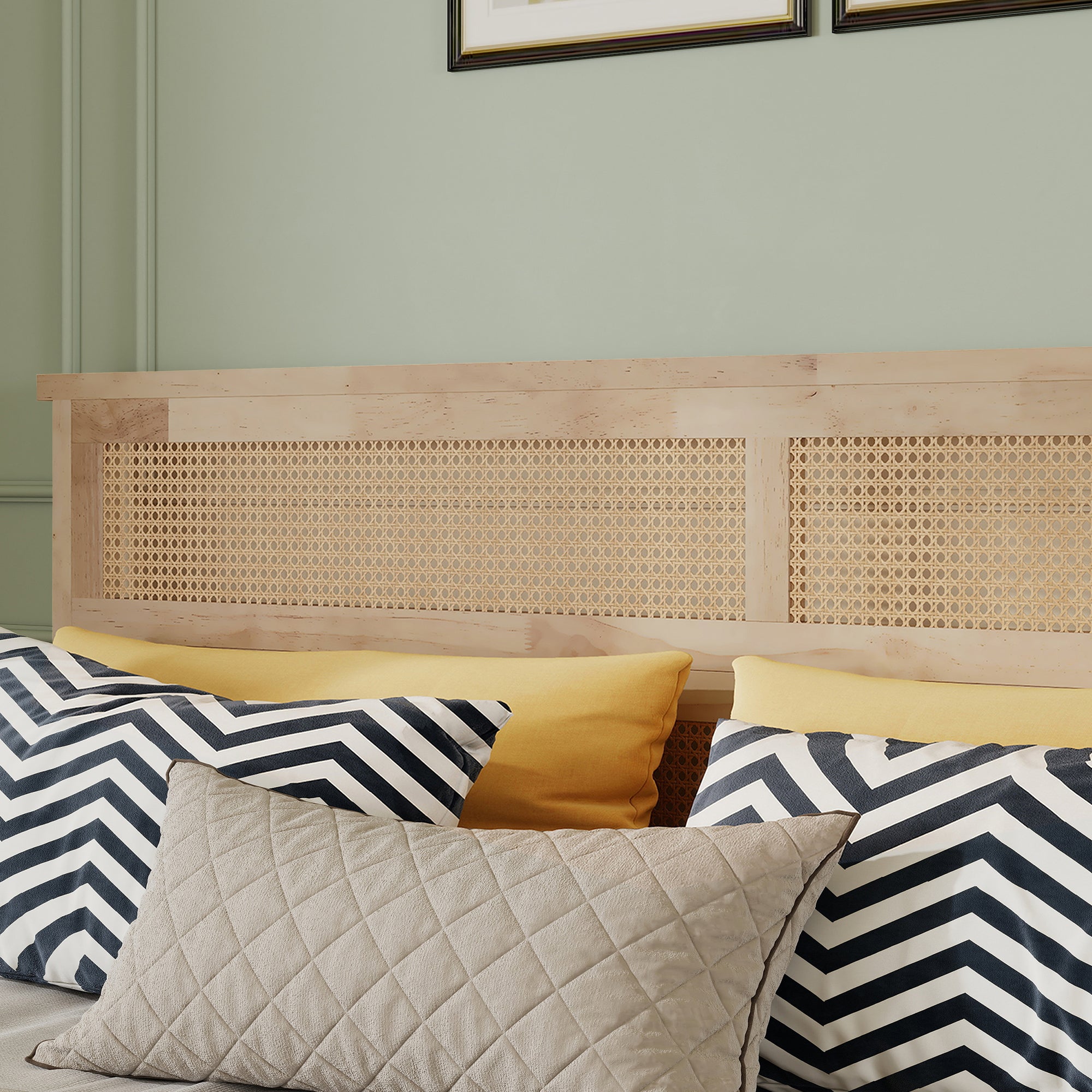 King Size Solid Wood Bed with Rattan Headboard – Natural Rubberwood Frame