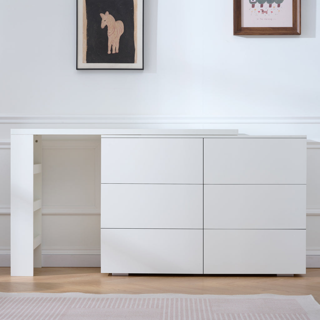 6-Drawer L-Shaped Vanity Dresser Combo with Wide Desktop – White Modern Bedroom Dressing Table