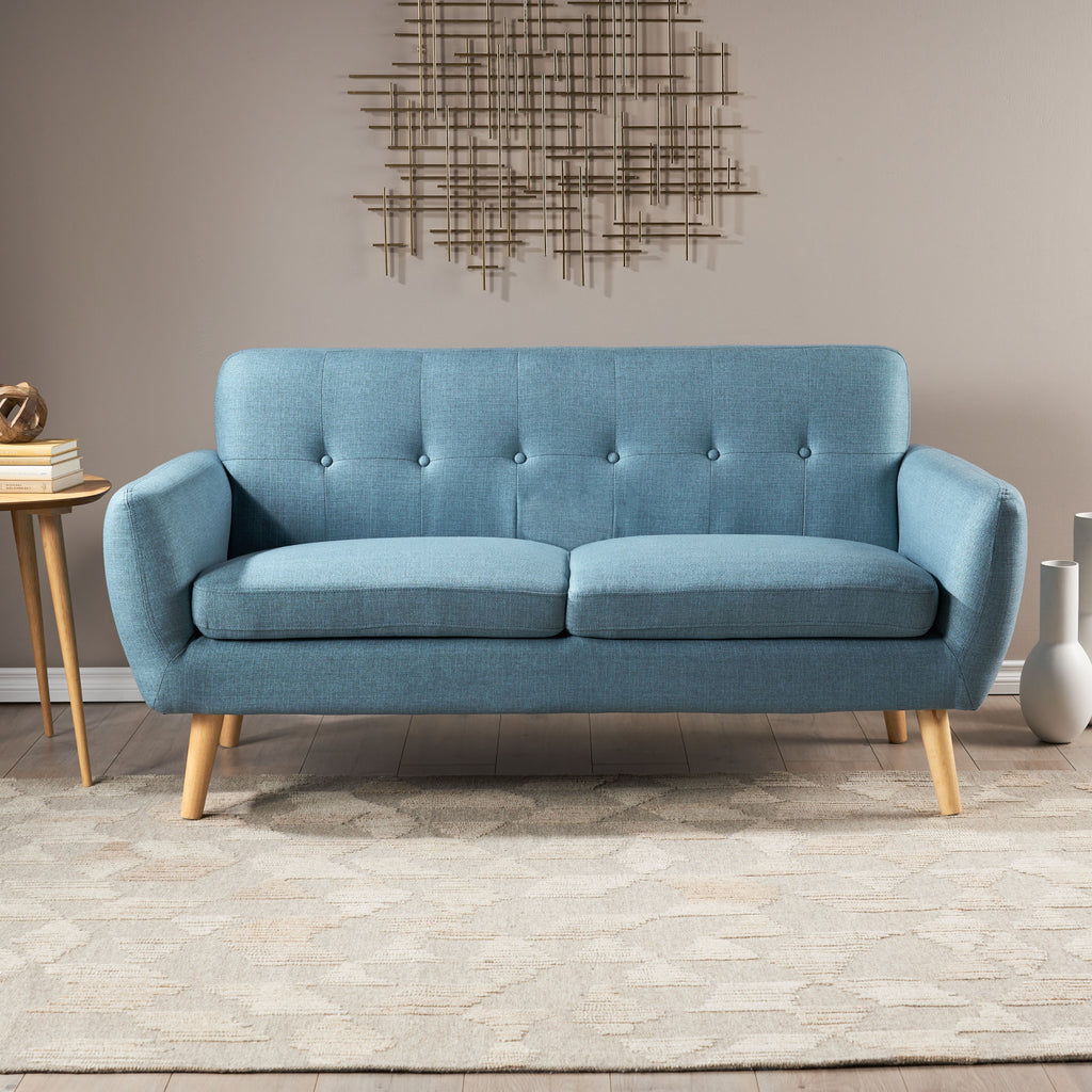 67.25" Blue Fabric Button-Tufted Loveseat with Waffle Stitch & Tapered Wood Legs