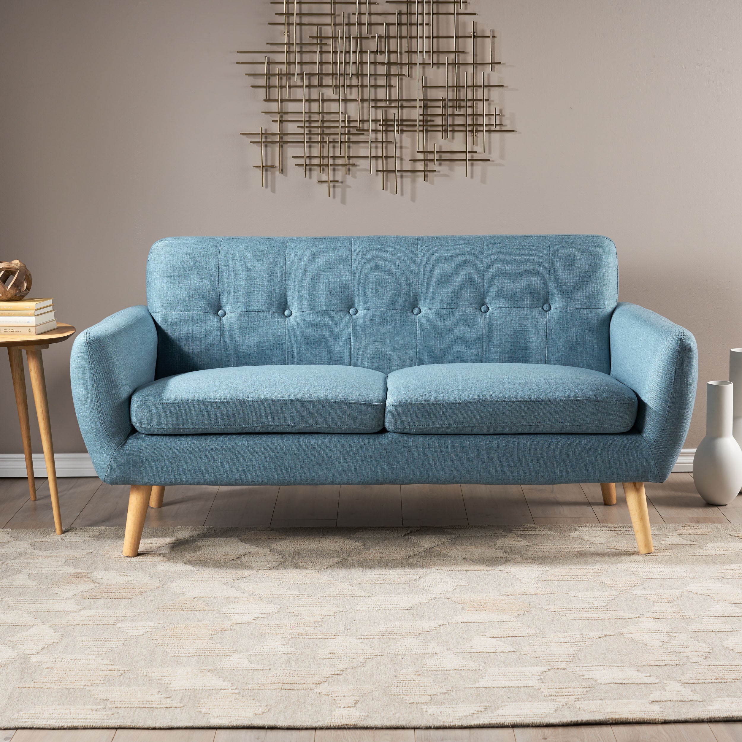 67.25" Blue Fabric Button-Tufted Loveseat with Waffle Stitch & Tapered Wood Legs