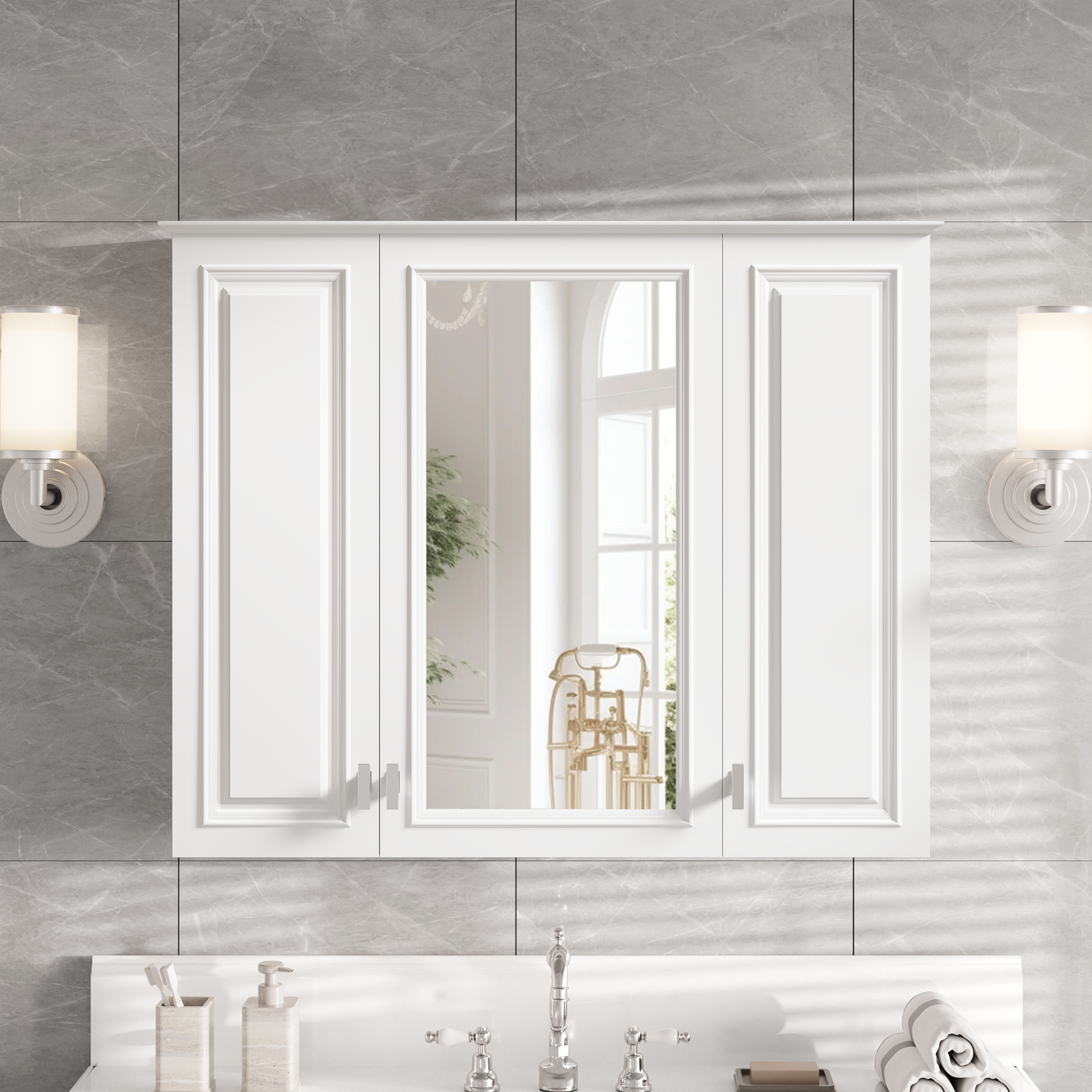 35-inch Wall-Mounted Bathroom Medicine Cabinet with Mirror and 5 Adjustable Shelves, White