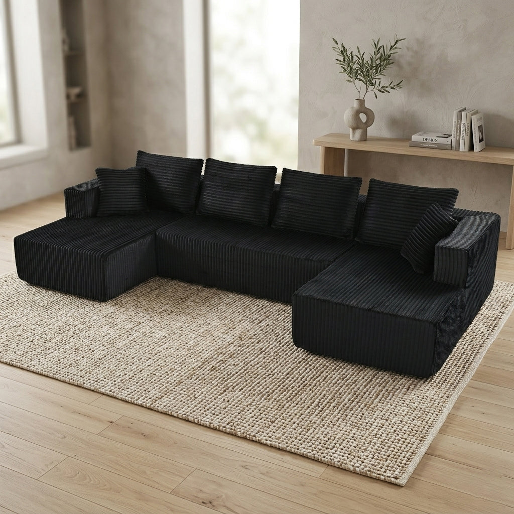 U-Shaped Corduroy Sectional Sofa with Double Chaise – 132" Black - product detail image 8