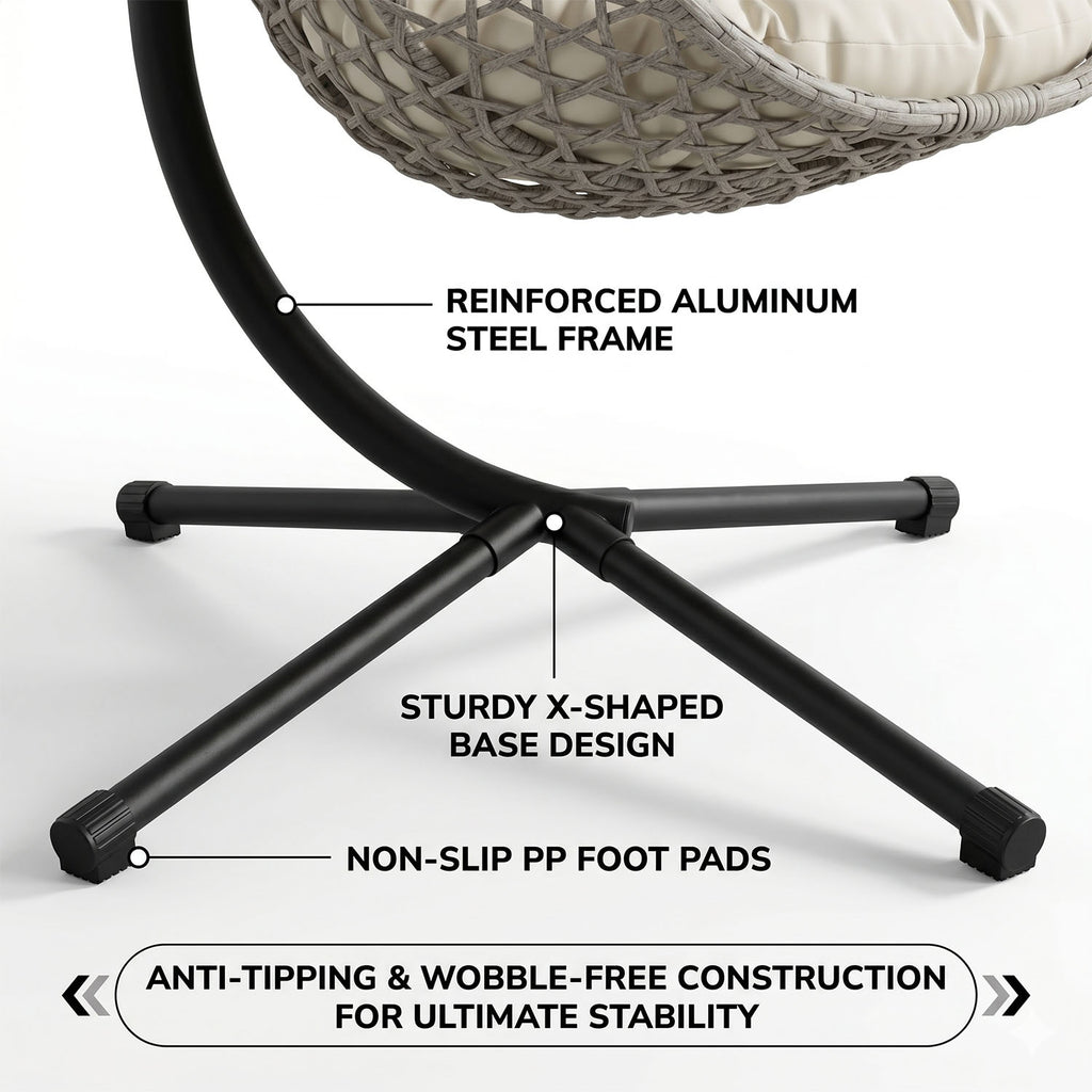 Folding HDPE Rattan Hanging Egg Chair with Stand – Indoor/Outdoor Patio Swing Basket