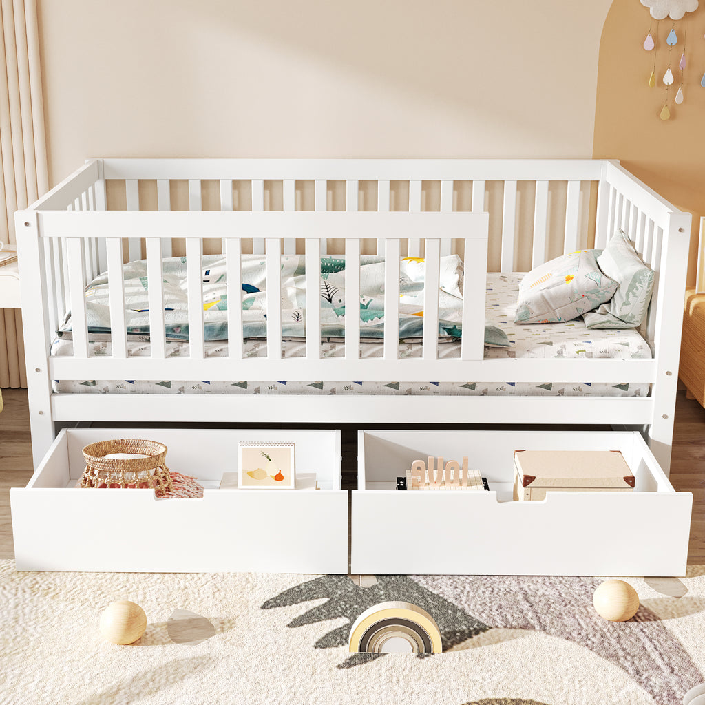 3-in-1 Convertible Toddler Bed with Storage Drawers, Solid Wood Daybed, White