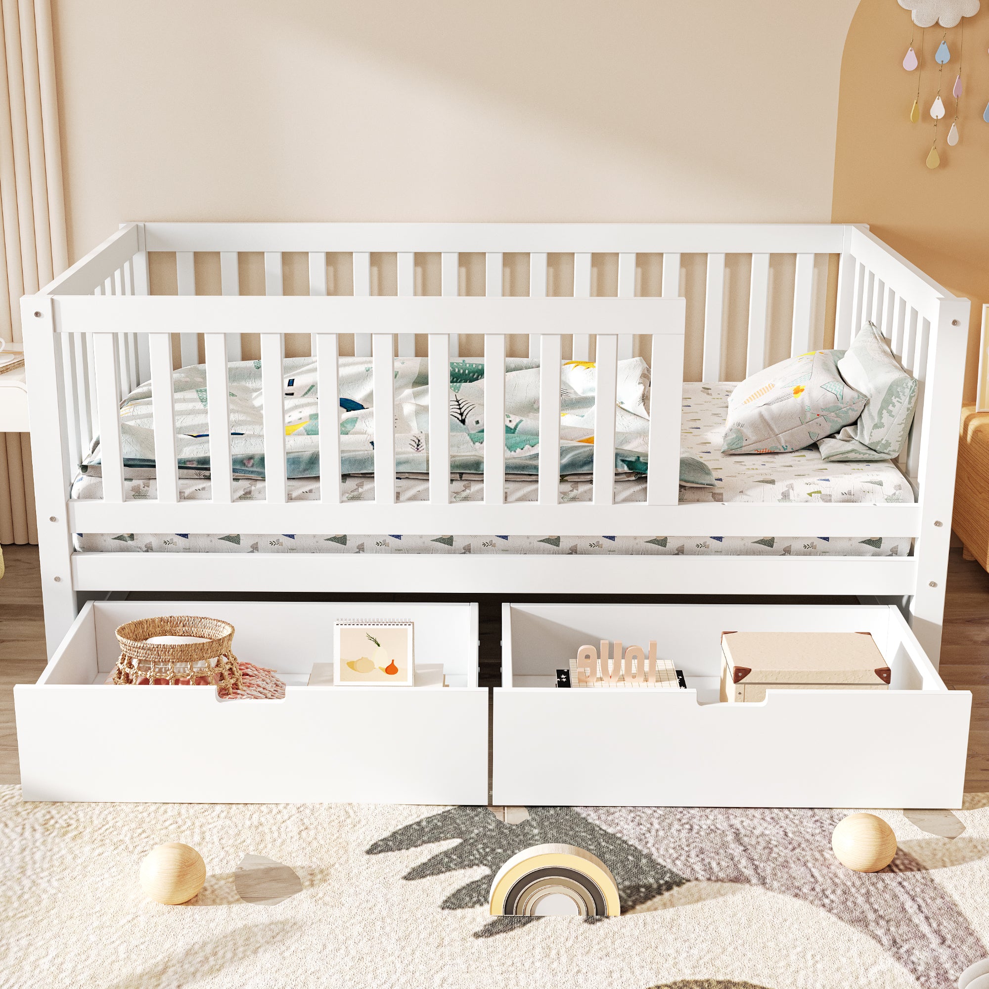 3-in-1 Convertible Toddler Bed with Storage Drawers, Solid Wood Daybed, White