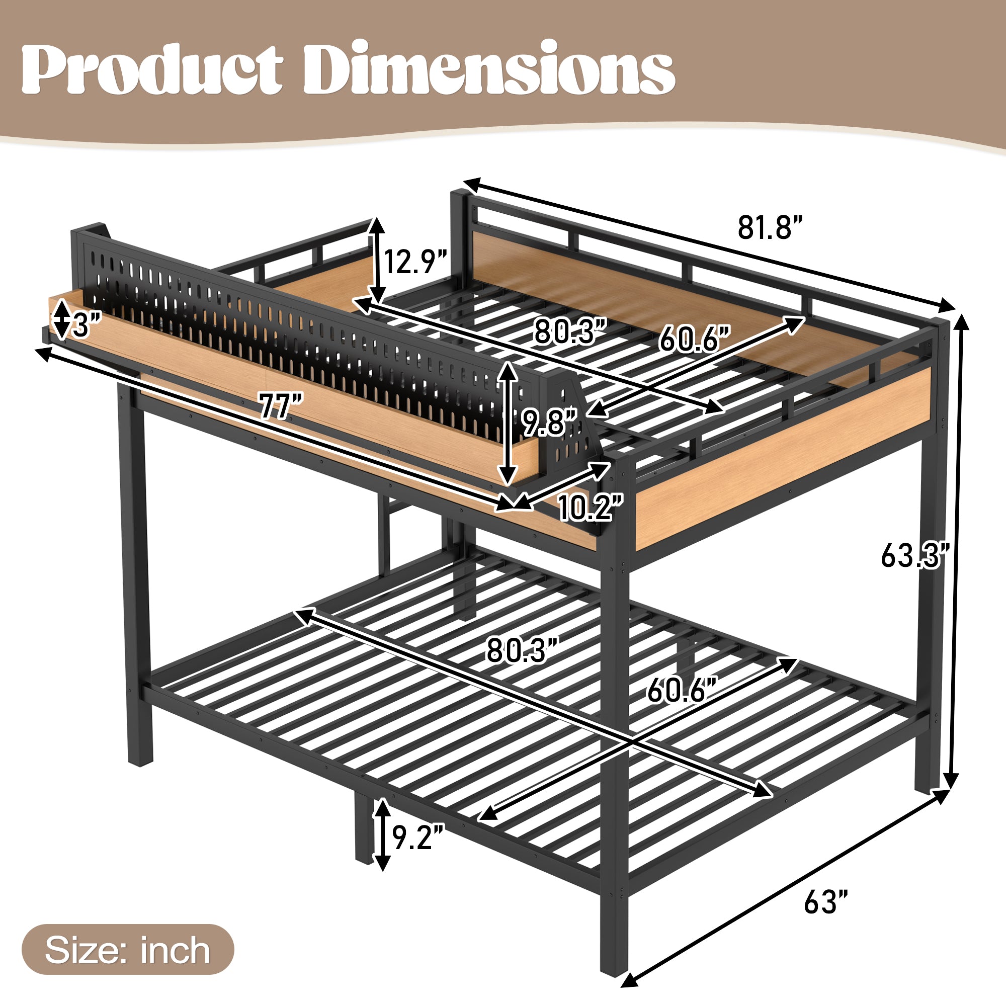 Queen Over Queen Metal Bunk Bed with Storage Shelves, Pegboard, USB Ports & LED Lights
