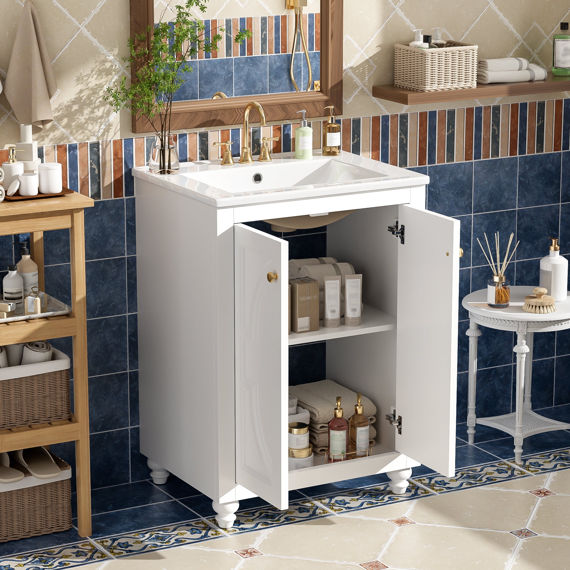 24-inch Modern White Bathroom Vanity with Ceramic Sink and Soft-Close Hinges Secondary image