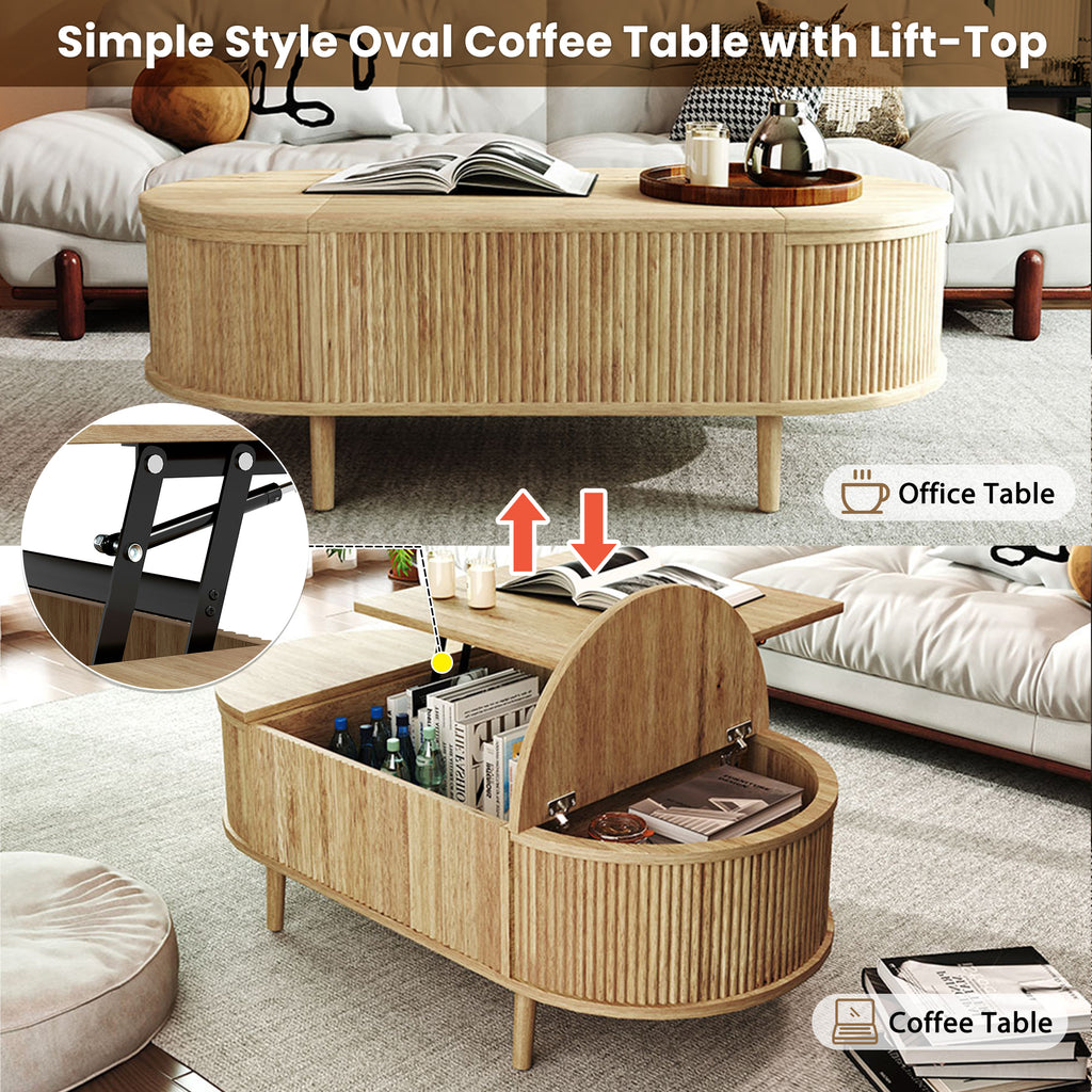 U-Can Oval Lift-Top Coffee Table with Hidden Storage & Wood Wave Grain Finish - product detail image 8