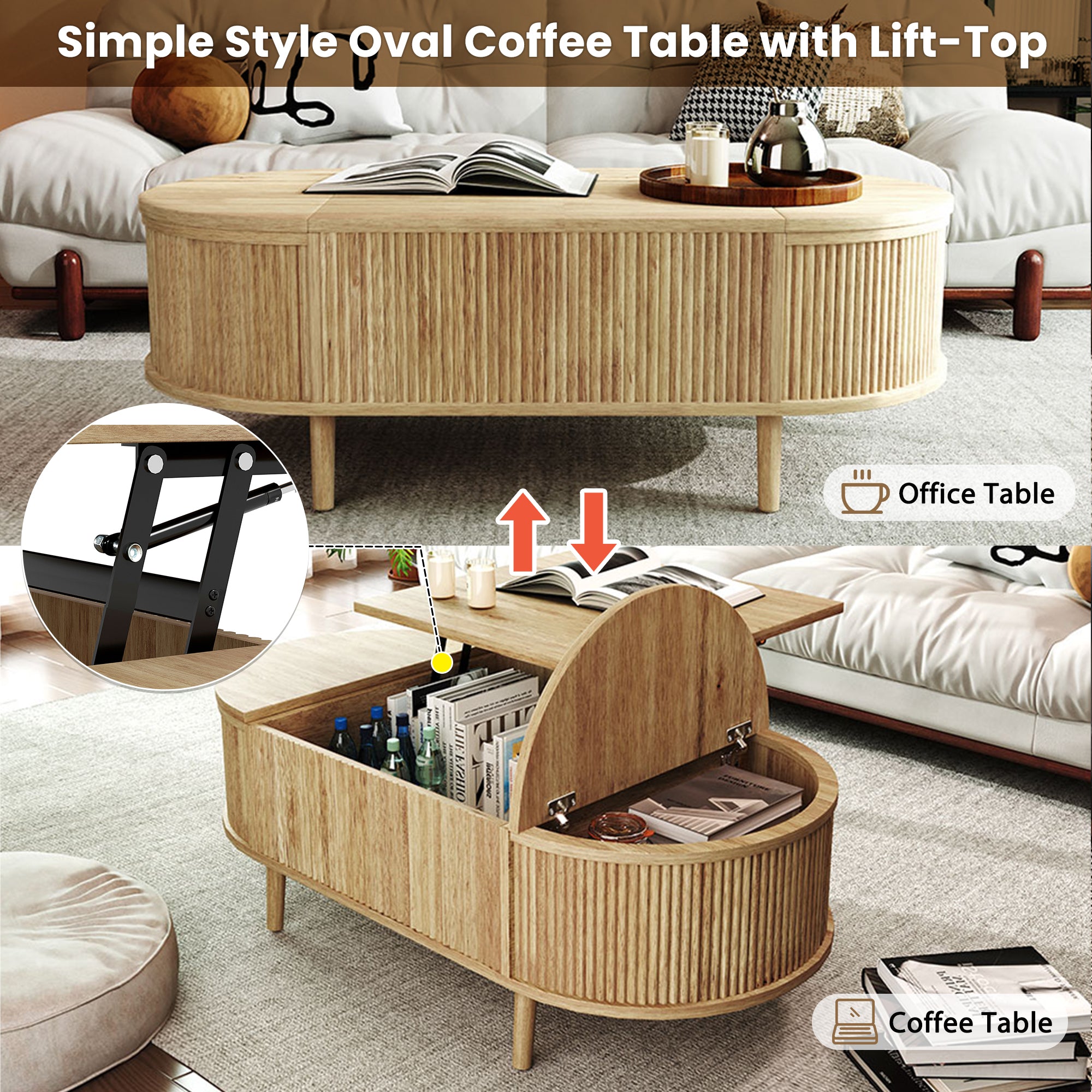 U-Can Oval Lift-Top Coffee Table with Hidden Storage & Wood Wave Grain Finish - product detail image 8