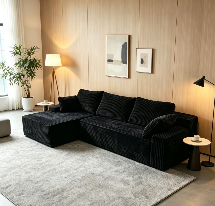 Front view of black corduroy frameless sectional sofa with L-shaped chaise
