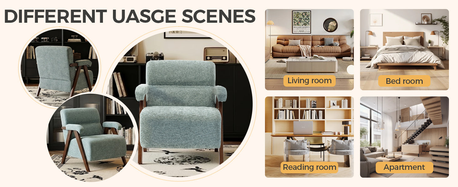 Mid-Century Modern Green Accent Chair with Solid Wood Frame & Tufted Cushion Secondary image