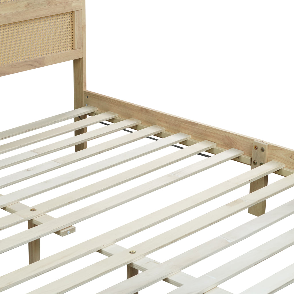 King Size Solid Wood Bed with Rattan Headboard – Natural Rubberwood Frame