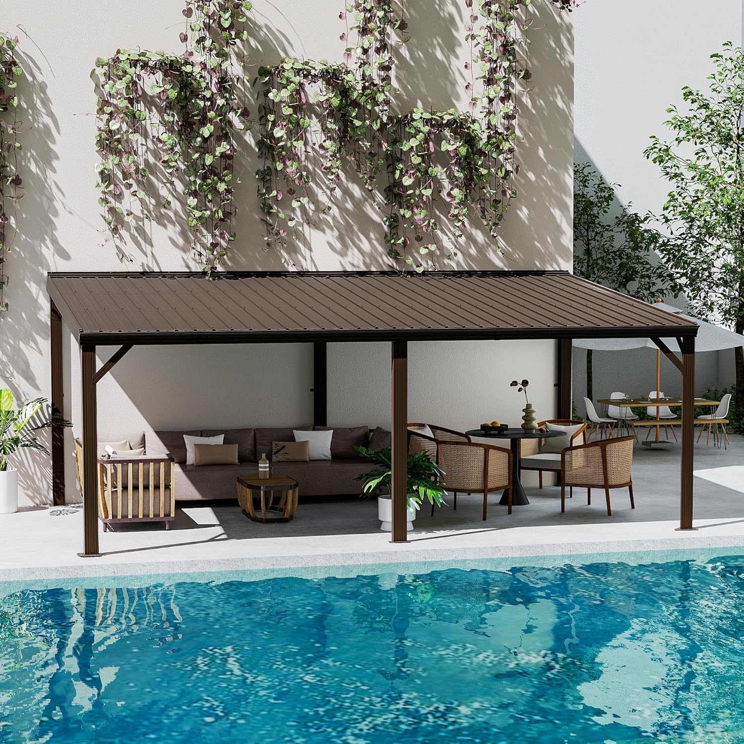 12 ft x 20 ft Wall-Mounted Lean-To Gazebo with Galvanized Steel Roof – Brown