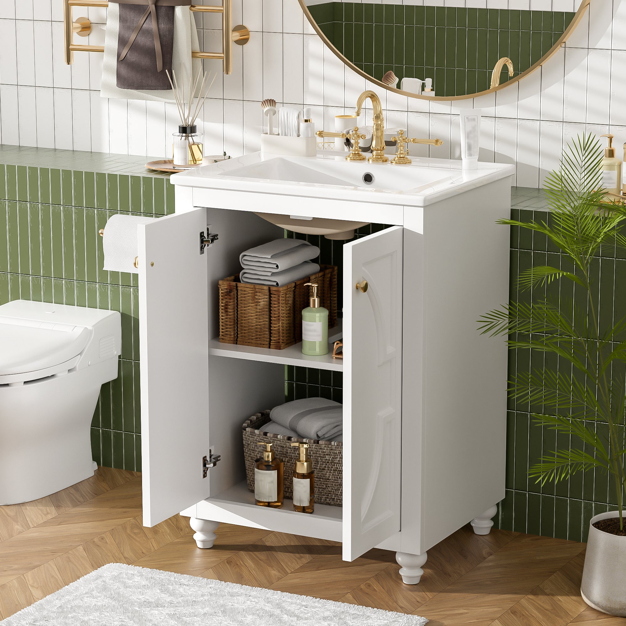 24-inch Modern White Bathroom Vanity with Ceramic Sink and Soft-Close Hinges