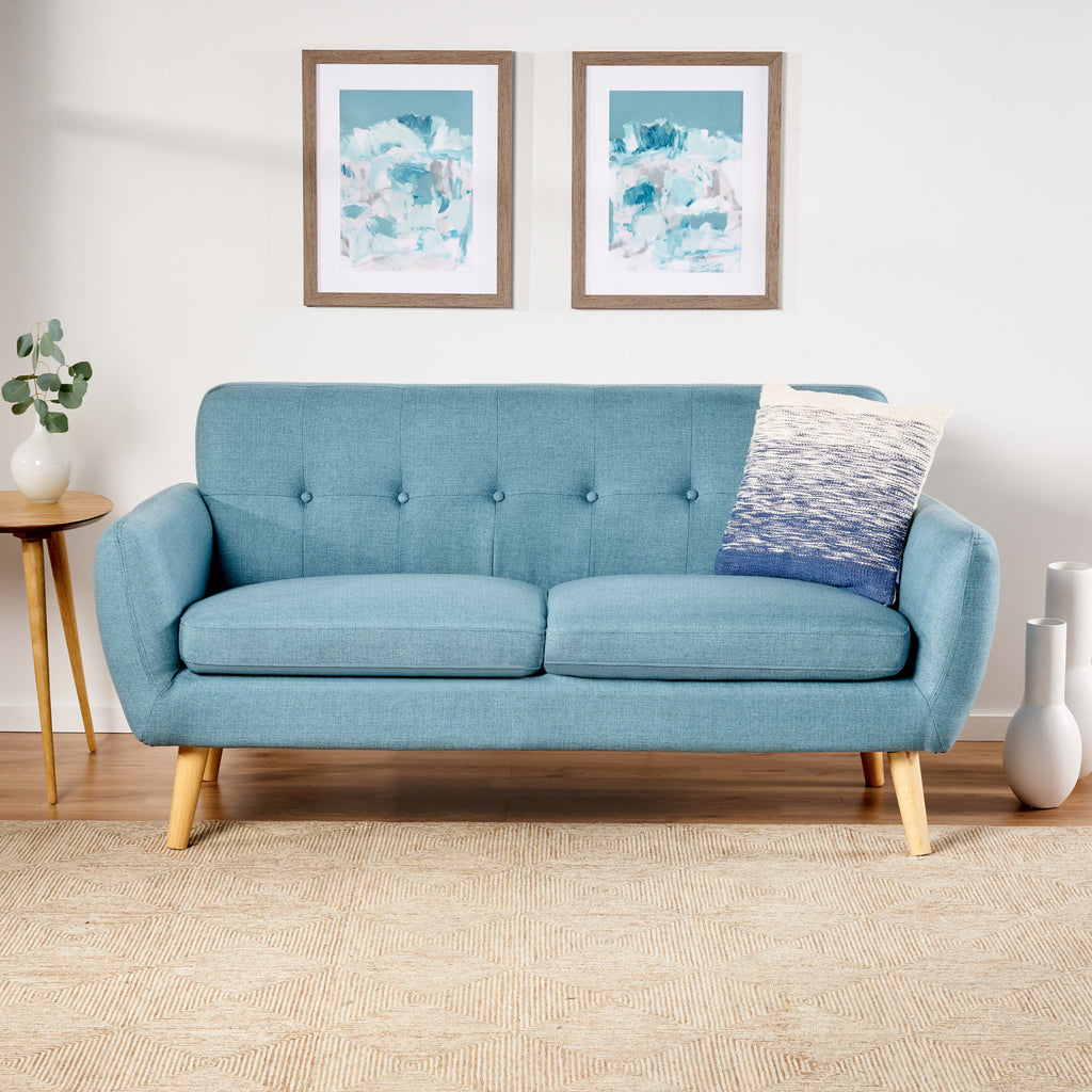 67.25" Blue Fabric Button-Tufted Loveseat with Waffle Stitch & Tapered Wood Legs