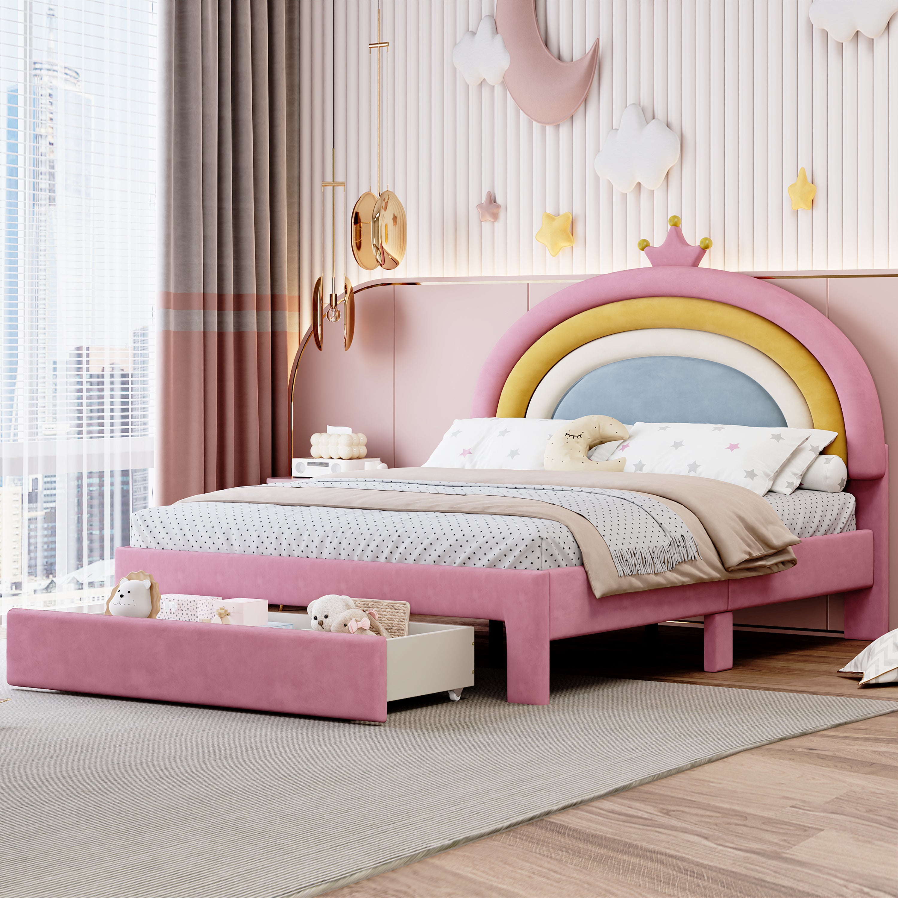Full Size Upholstered Rainbow Velvet Platform Bed with Storage Drawer – Pink Main image