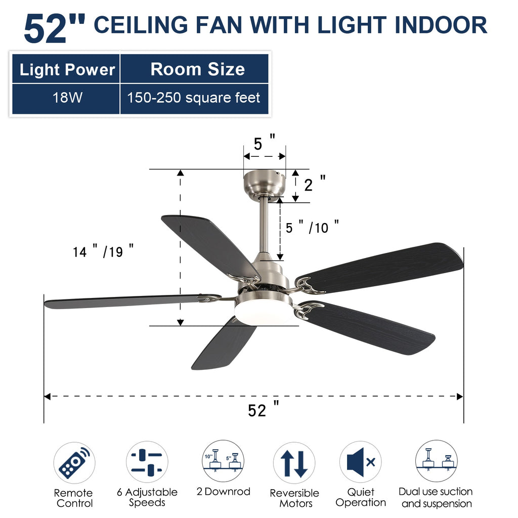 52 Inch Modern Ceiling Fan with LED Light, Reversible DC Motor, Remote Control