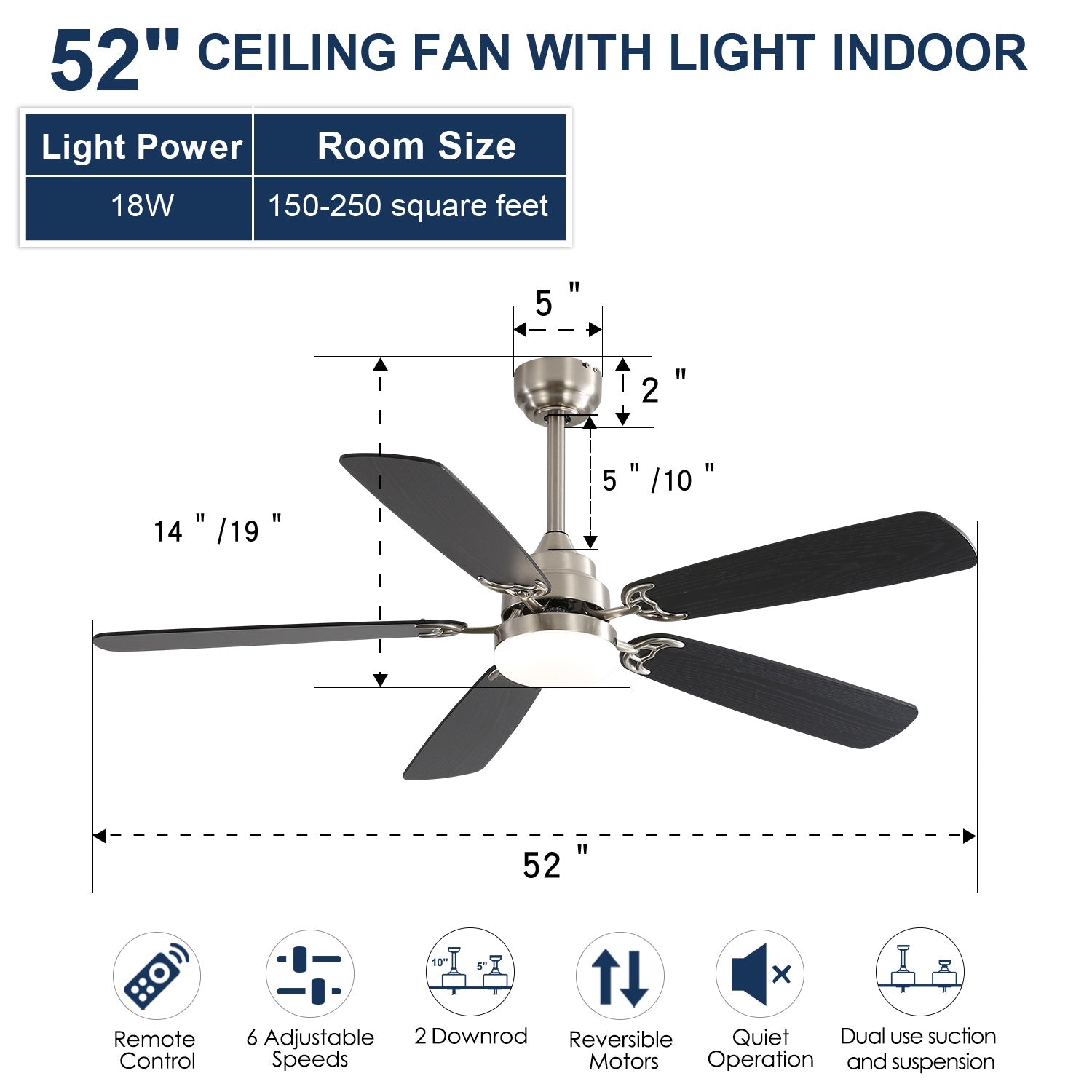 52 Inch Modern Ceiling Fan with LED Light, Reversible DC Motor, Remote Control