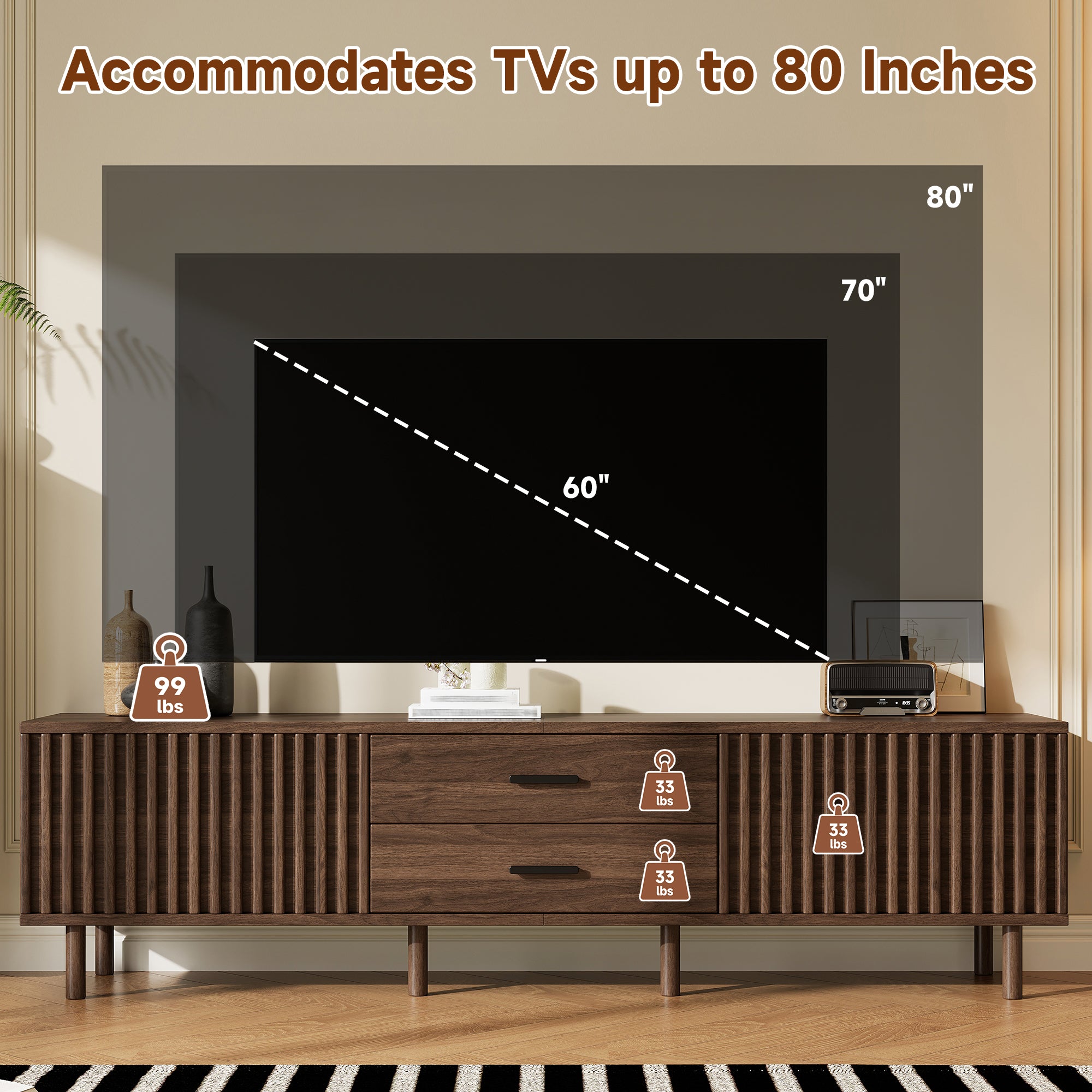70-inch Modern TV Stand for TVs up to 80 Inches – Dark Brown Wood-Grain with Ample Storage & Solid Pine Legs