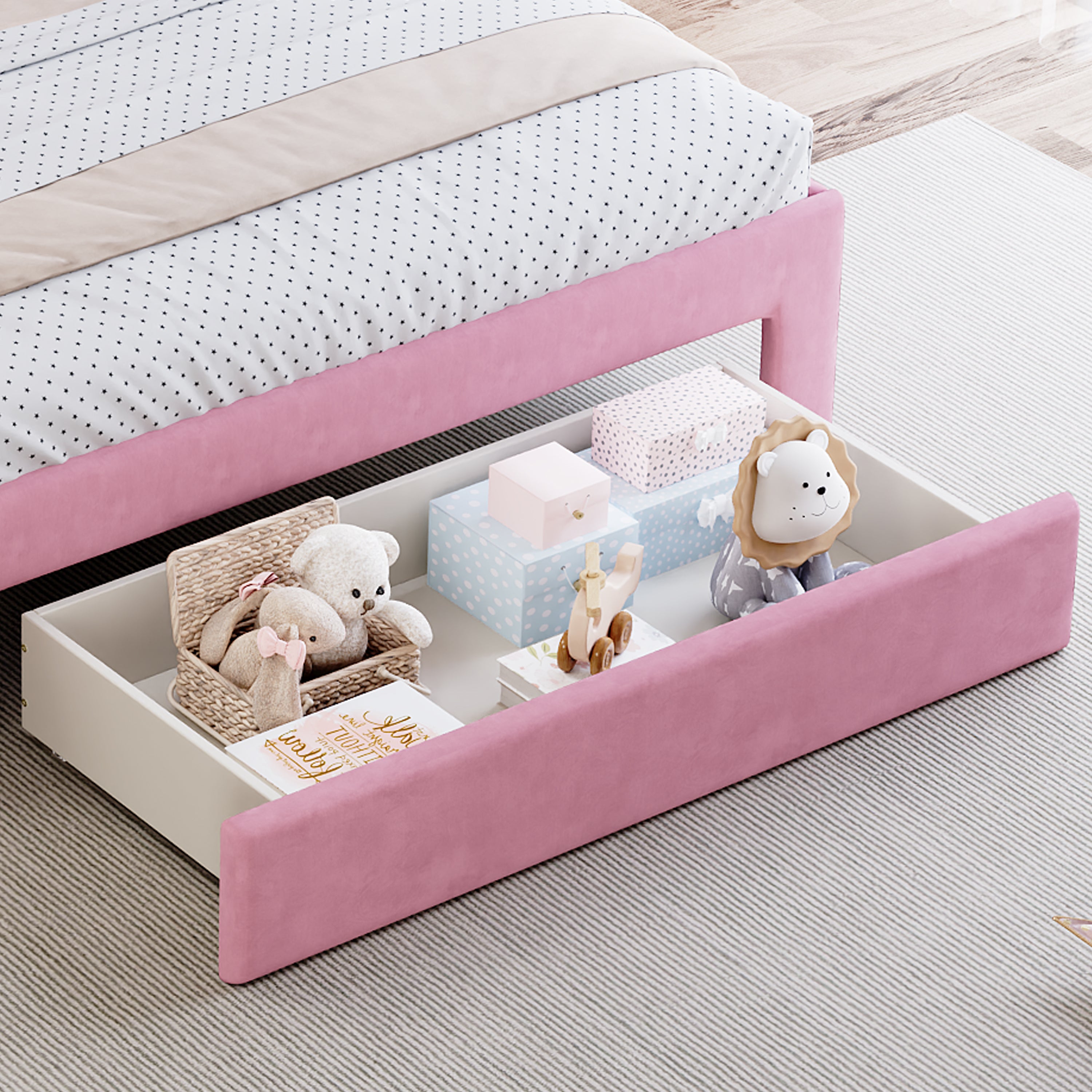 Full Size Upholstered Rainbow Velvet Platform Bed with Storage Drawer – Pink