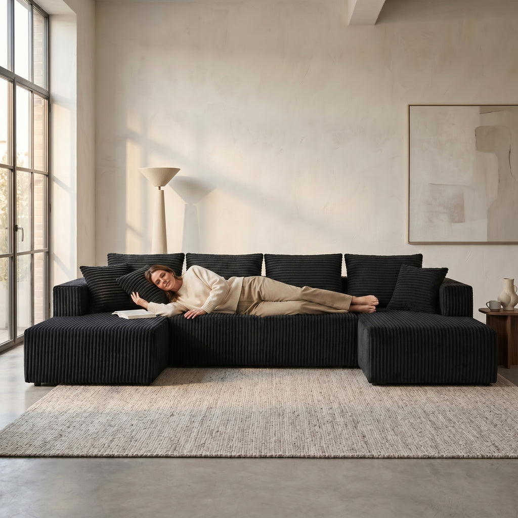 U-Shaped Corduroy Sectional Sofa with Double Chaise – 132" Black - product detail image 9