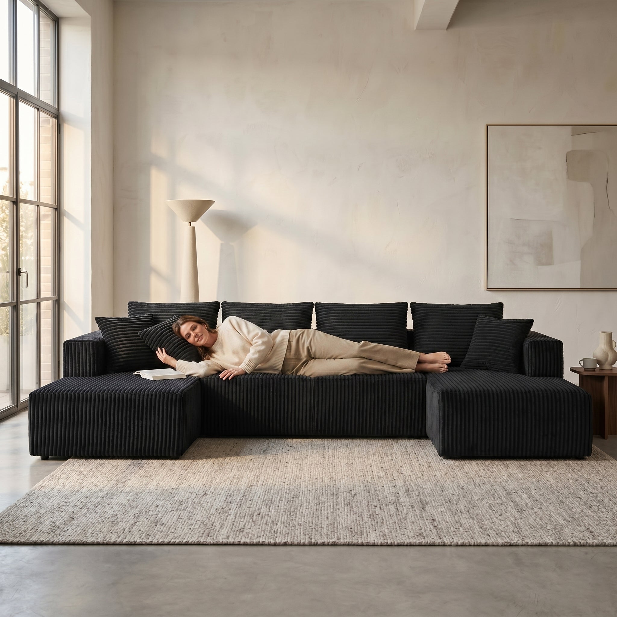 U-Shaped Corduroy Sectional Sofa with Double Chaise – 132" Black - product detail image 9