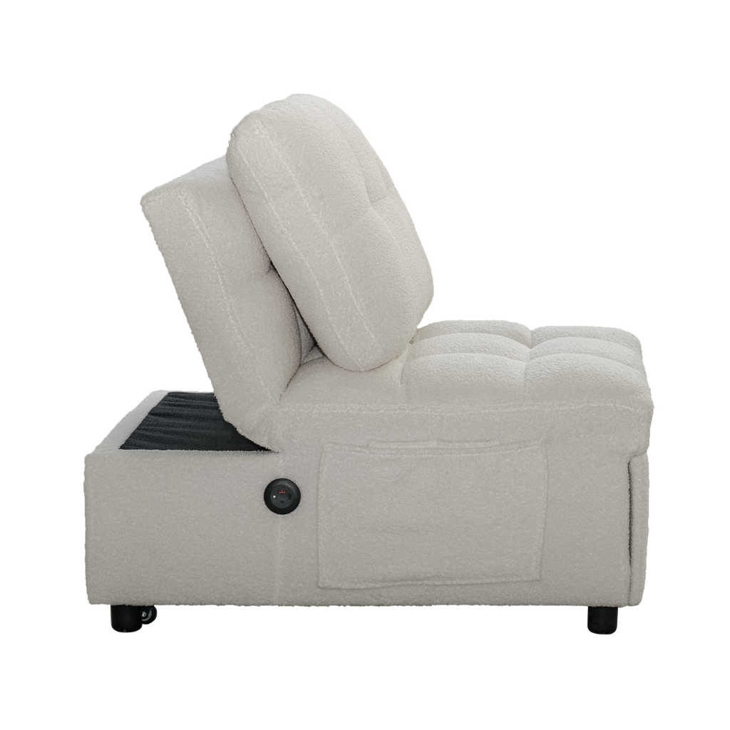 Single Sofa Bed with Adjustable Backrest, Teddy Fabric, USB Port & Side Pockets