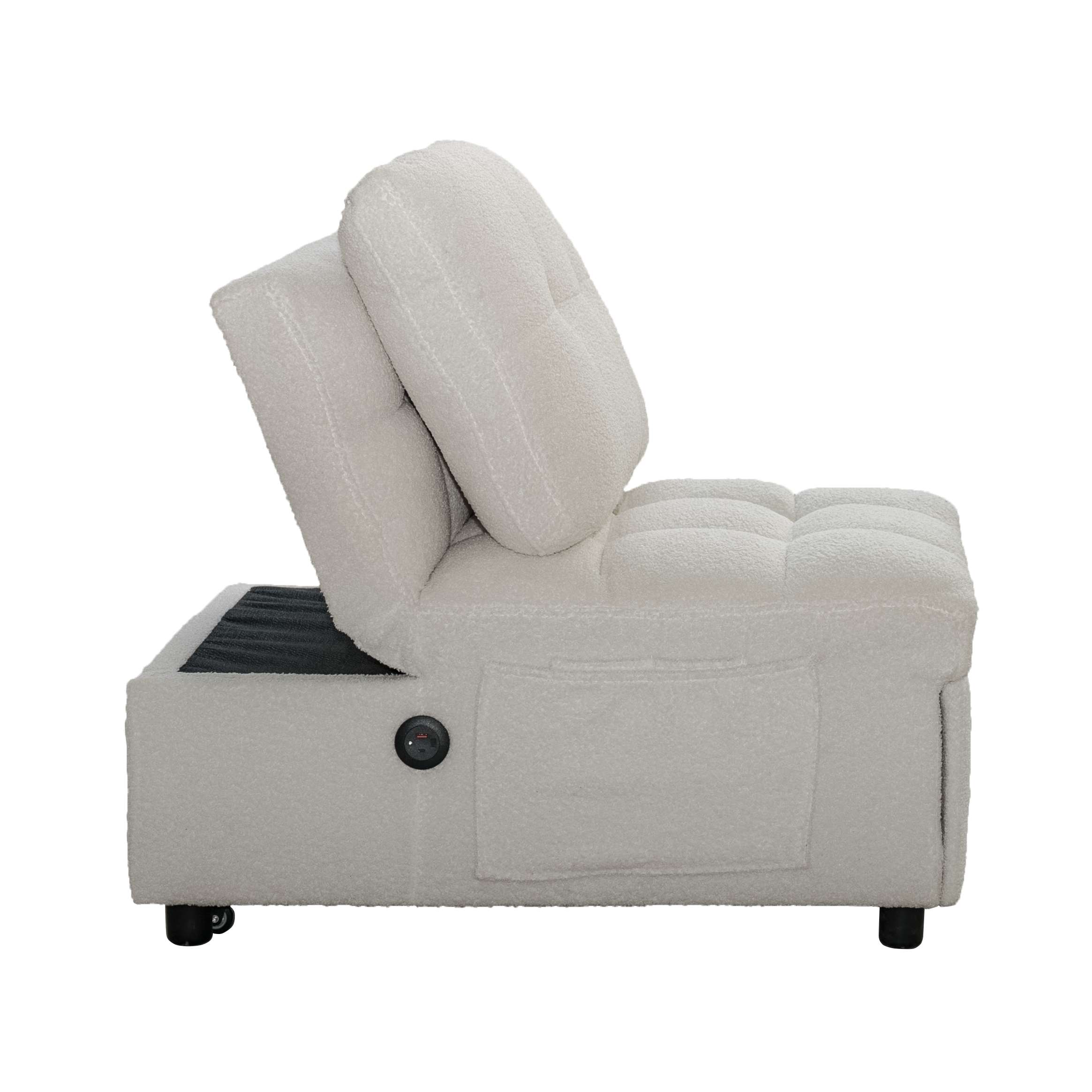 Single Sofa Bed with Adjustable Backrest, Teddy Fabric, USB Port & Side Pockets