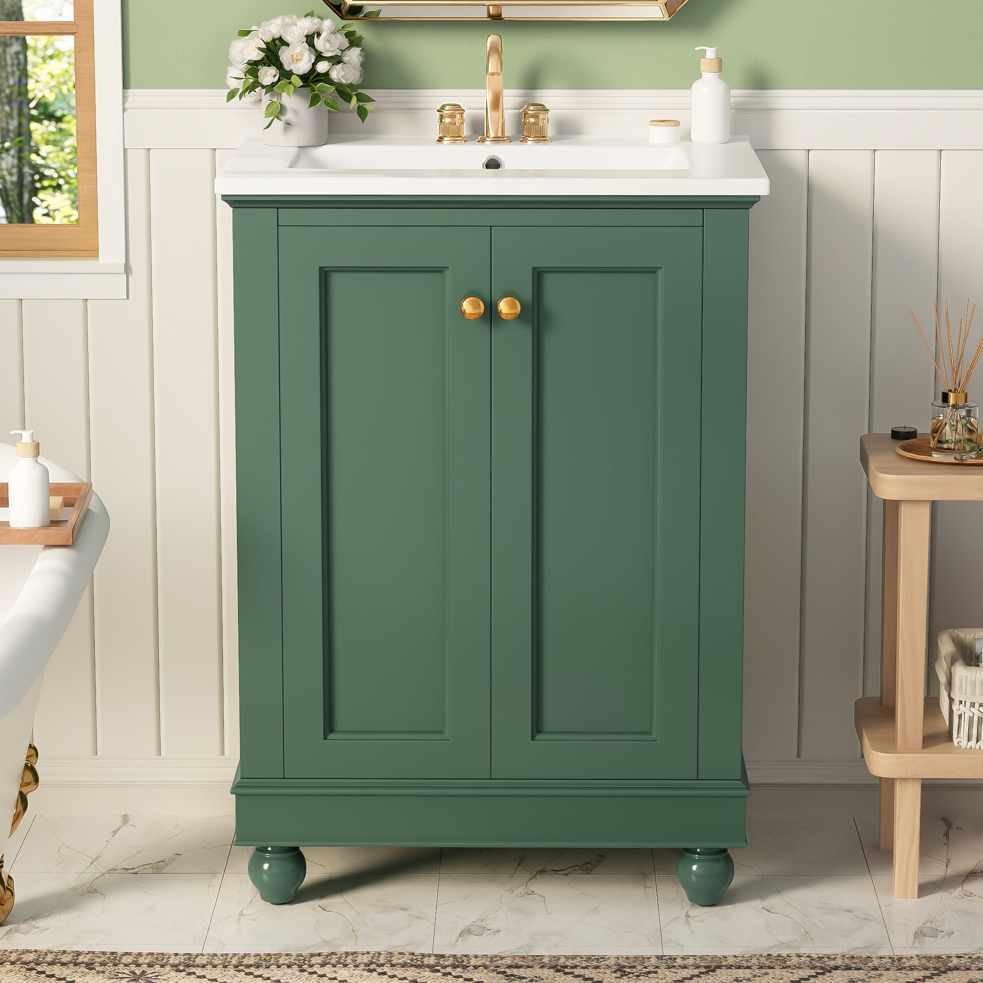 24-Inch Modern Green Bathroom Vanity Cabinet with Ceramic Sink