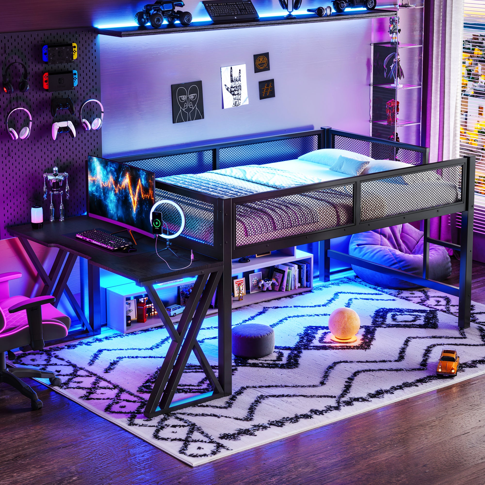 Full Size Gaming Loft Bed with Desk, LED Lights & USB Ports – Black Metal Frame Main image