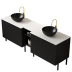 Close-up of black cabinet doors with striped pattern and soft-close hinges
