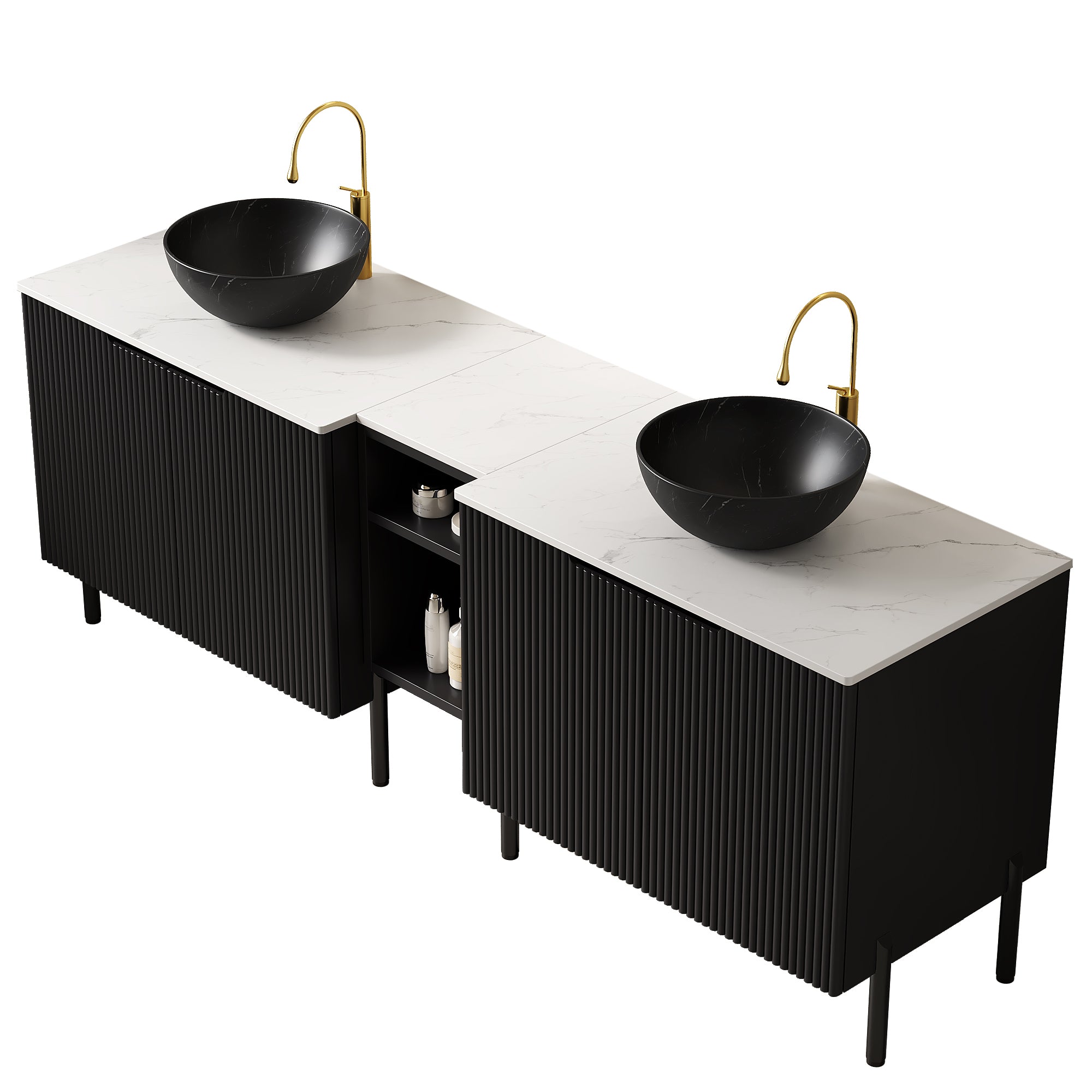 Close-up of black cabinet doors with striped pattern and soft-close hinges