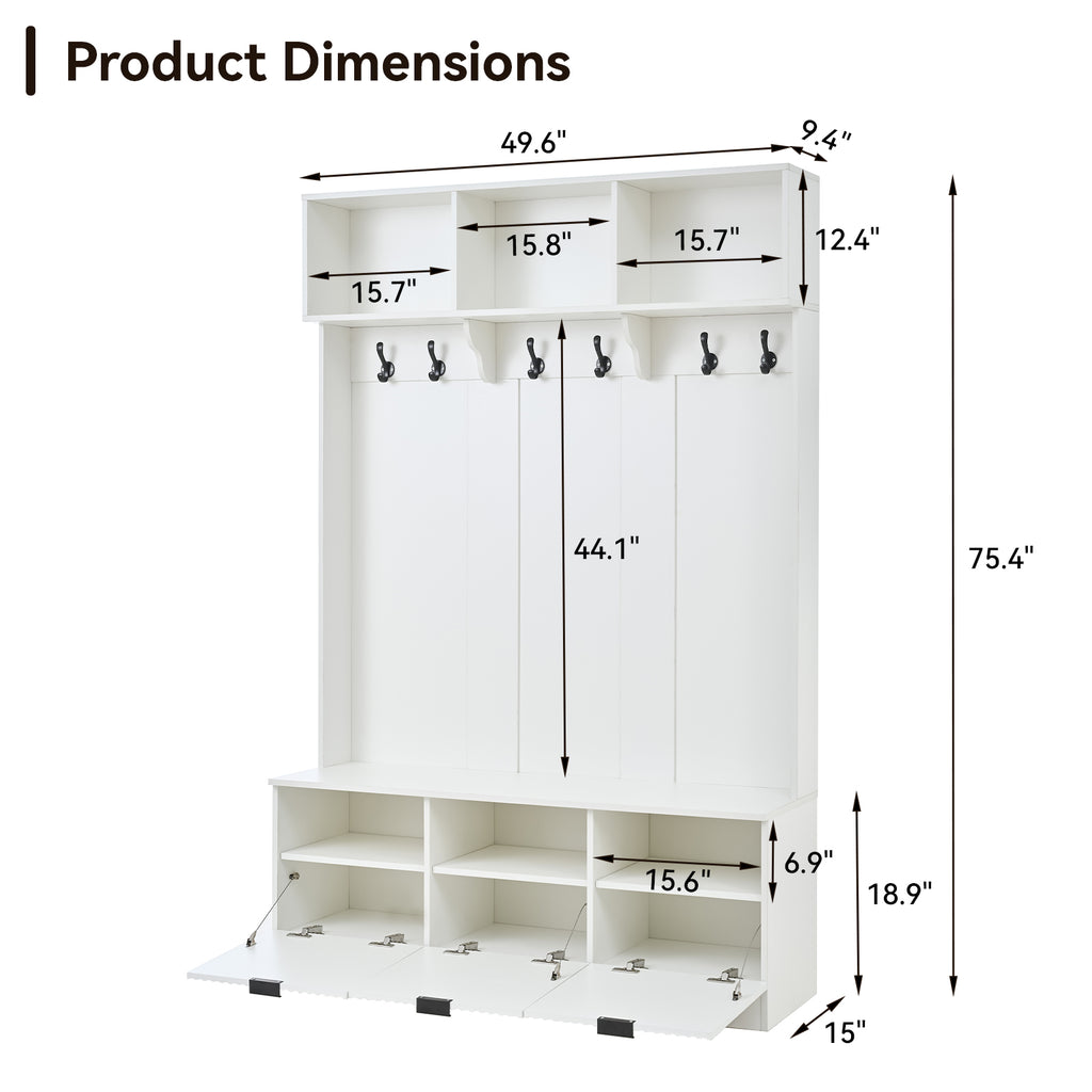 5-in-1 Hall Tree with Bench, Shoe Storage & Open Cabinets – White Modern Entryway Organizer