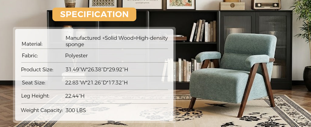 Mid-Century Modern Green Accent Chair with Solid Wood Frame & Tufted Cushion - product detail image 6