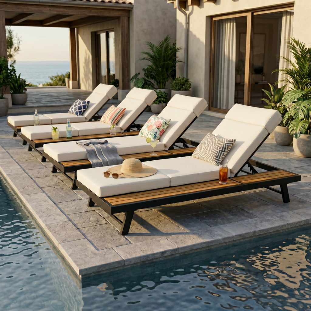 Black Iron and Teak Outdoor Chaise Lounge Set with Beige Cushion – 400 lb Capacity, Adjustable Backrest & Storage Surfac