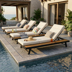 Black Iron and Teak Outdoor Chaise Lounge Set with Beige Cushion – 400 lb Capacity, Adjustable Backrest & Storage Surfac