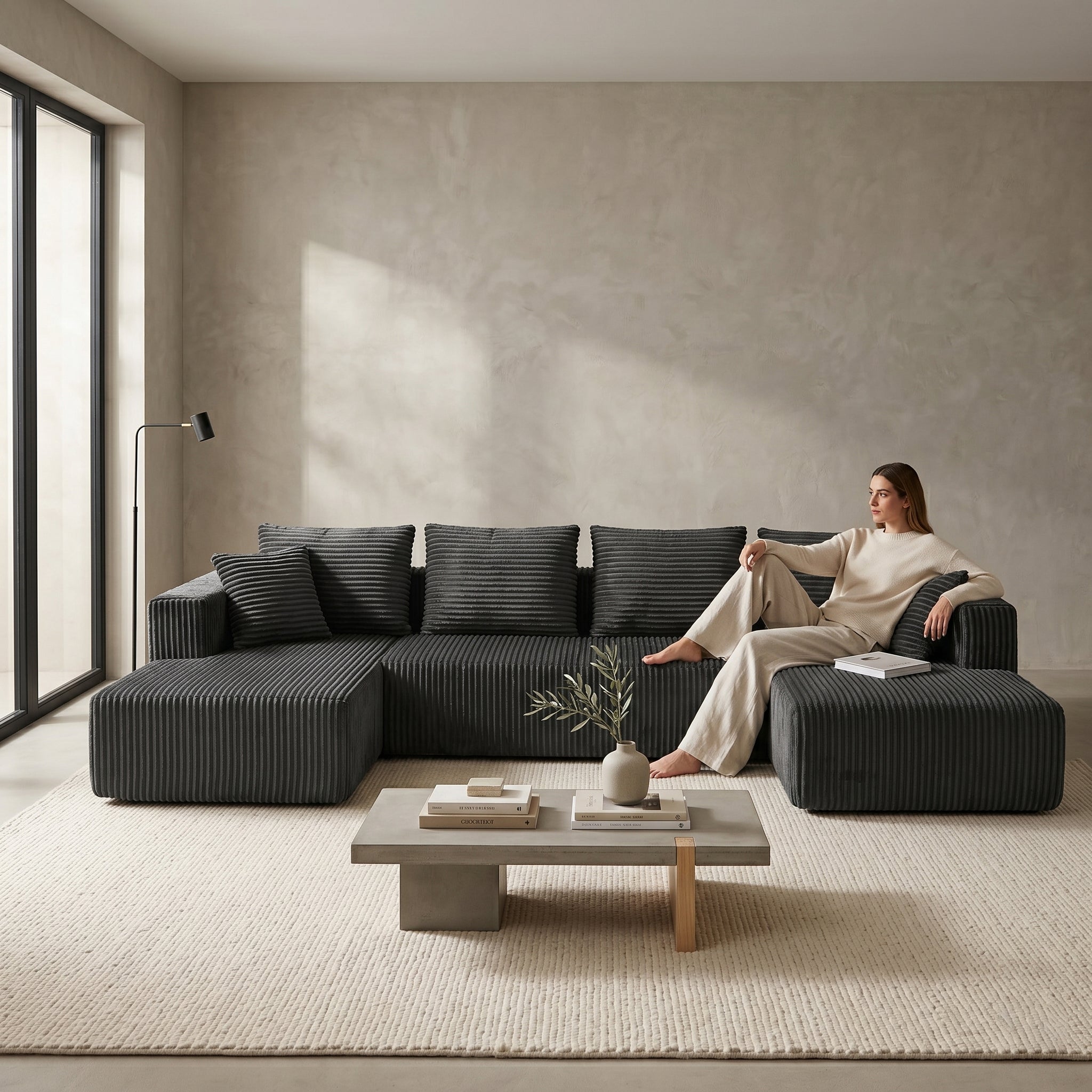 U-Shaped Corduroy Sectional Sofa with Double Chaise – Gray, 132" Deep Seat - product detail image 7