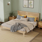 King Size Solid Wood Bed with Rattan Headboard – Natural Rubberwood Frame