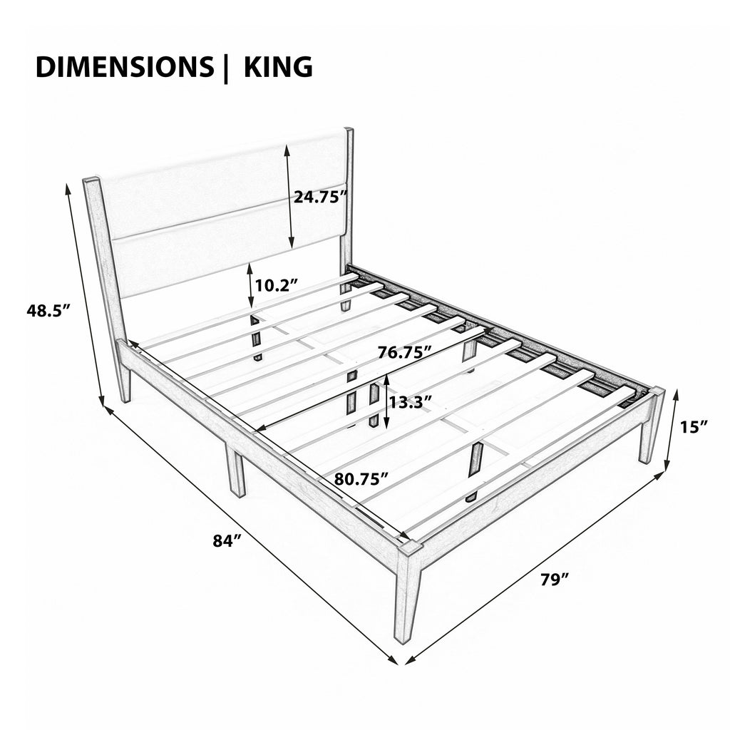 Mid-Century Modern King Platform Bed Frame with Upholstered Headboard, No Box Spring Needed
